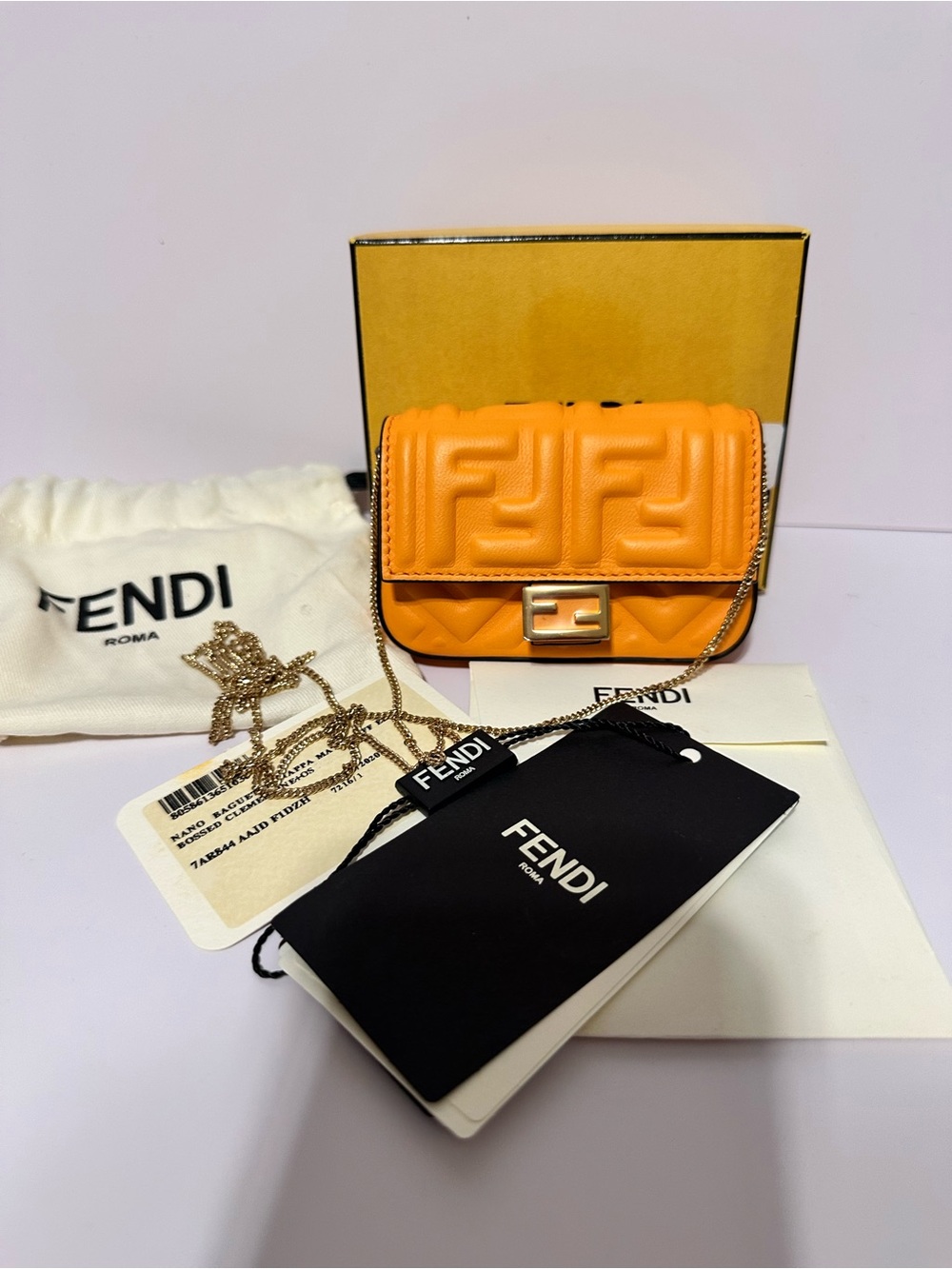 Fendi ❤️🌟Orange Quilted Leather Mini Bag with Chain Strap ⭐️